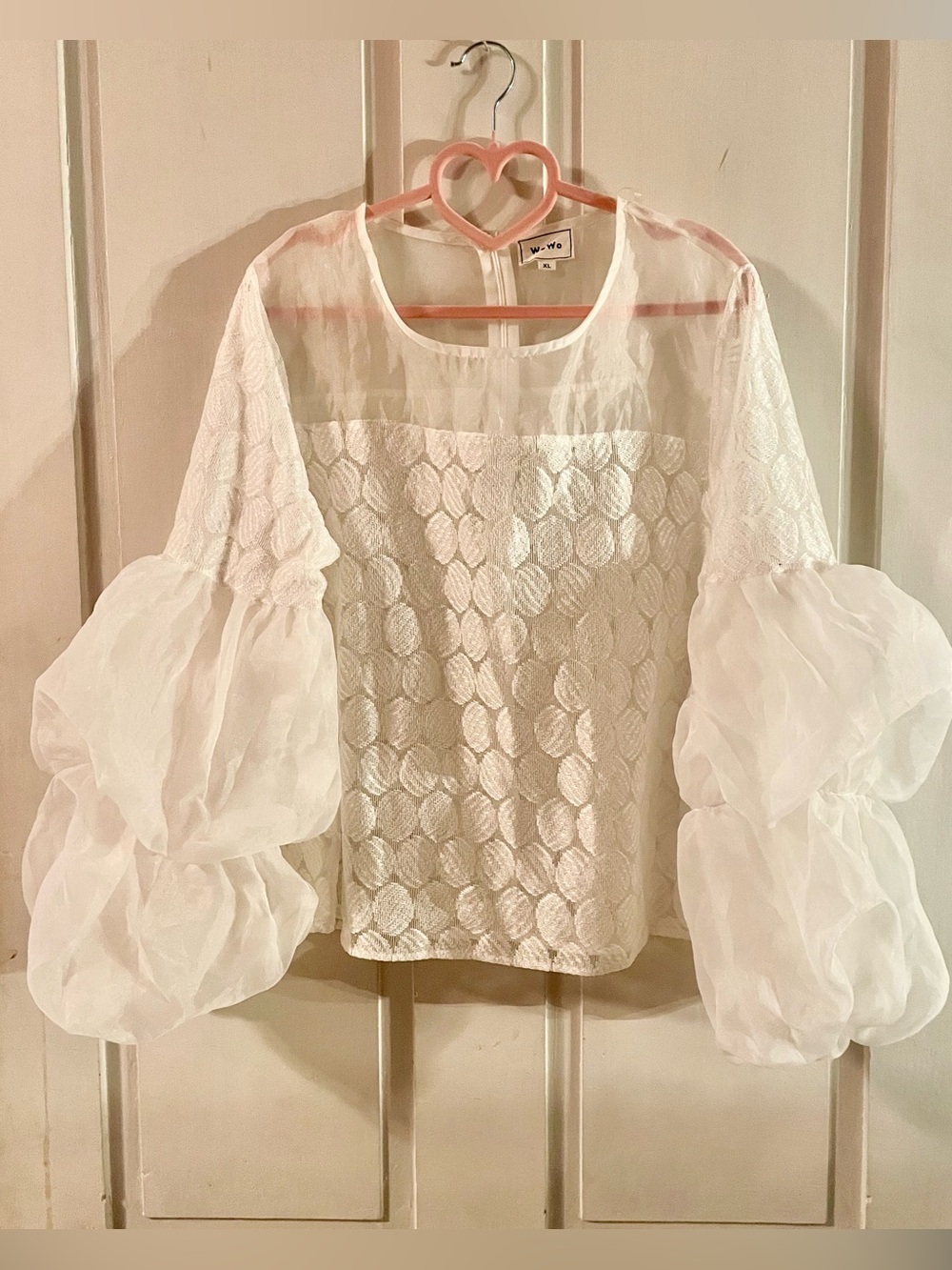 WoWo White Textured Statement Blouse Sheer Balloon Puff Sleeves XL